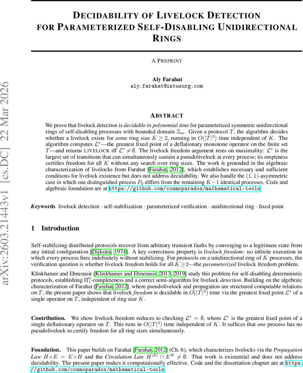 Decidability of Livelock Detection for Parameterized Self-Disabling Unidirectional Rings