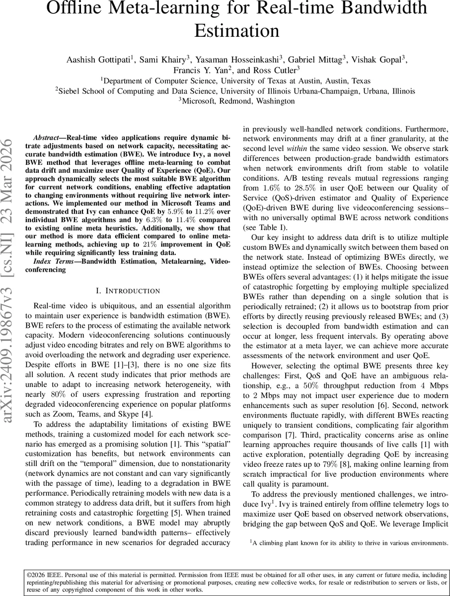 Offline Meta-learning for Real-time Bandwidth Estimation