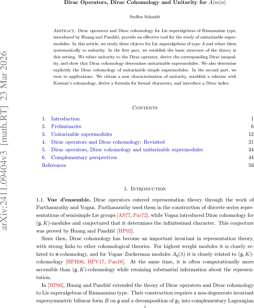 Dirac Operators, Dirac Cohomology and Unitarity for $A(mert n)$