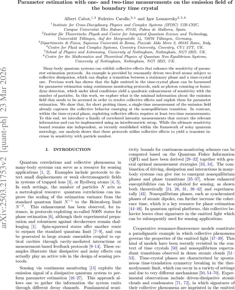 Parameter estimation with one- and two-time measurements on the emission field of the boundary time crystal