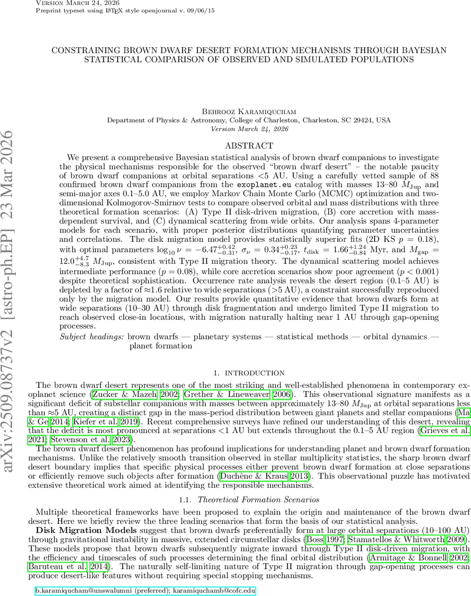 Constraining Brown Dwarf Desert Formation Mechanisms Through Bayesian Statistical Comparison of Observed and Simulated Populations