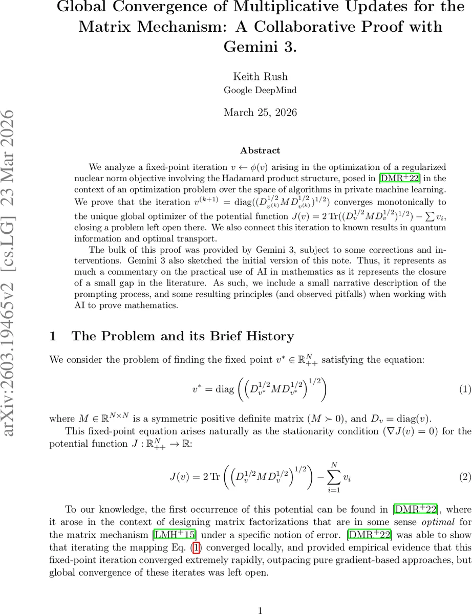Global Convergence of Multiplicative Updates for the Matrix Mechanism: A Collaborative Proof with Gemini 3