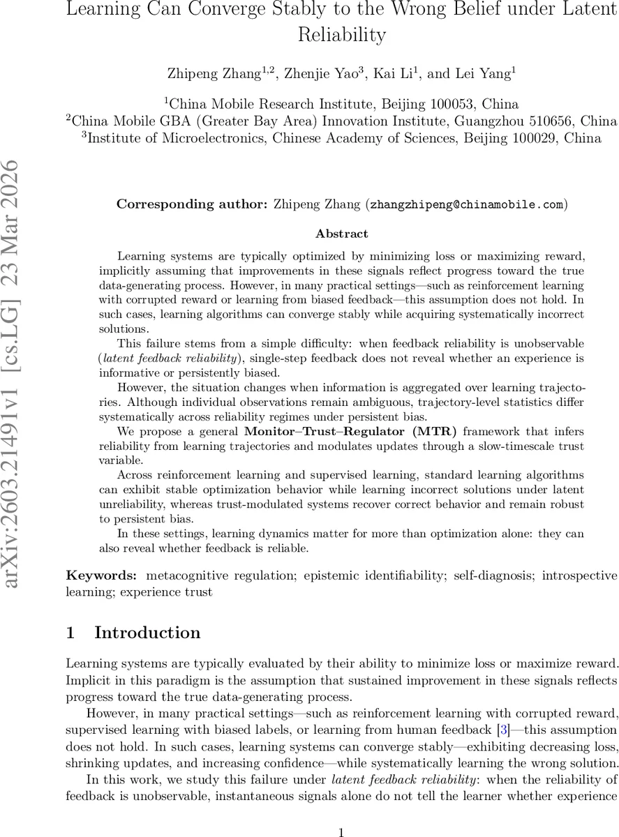 Learning Can Converge Stably to the Wrong Belief under Latent Reliability