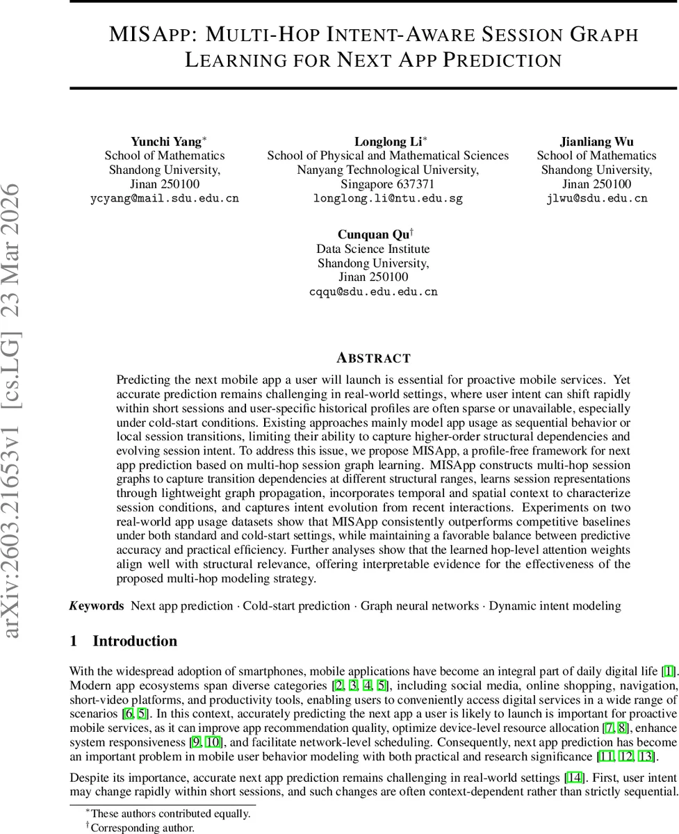 MISApp: Multi-Hop Intent-Aware Session Graph Learning for Next App Prediction