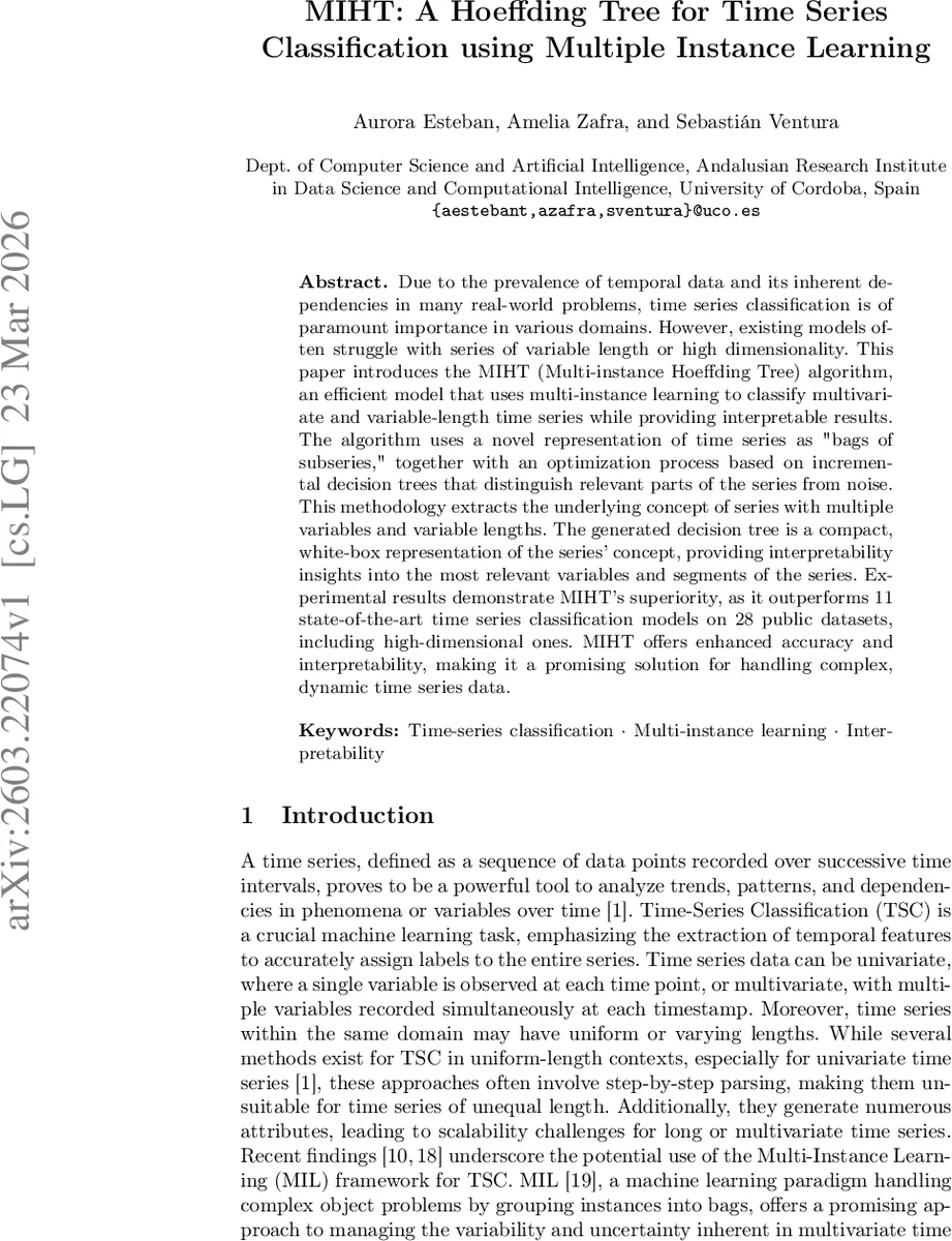 MIHT: A Hoeffding Tree for Time Series Classification using Multiple Instance Learning
