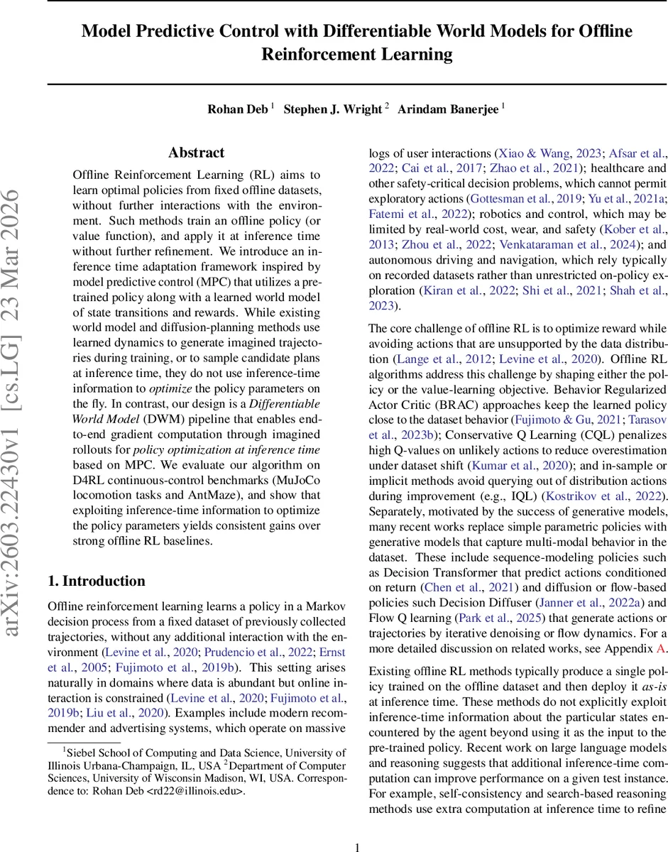 Model Predictive Control with Differentiable World Models for Offline Reinforcement Learning