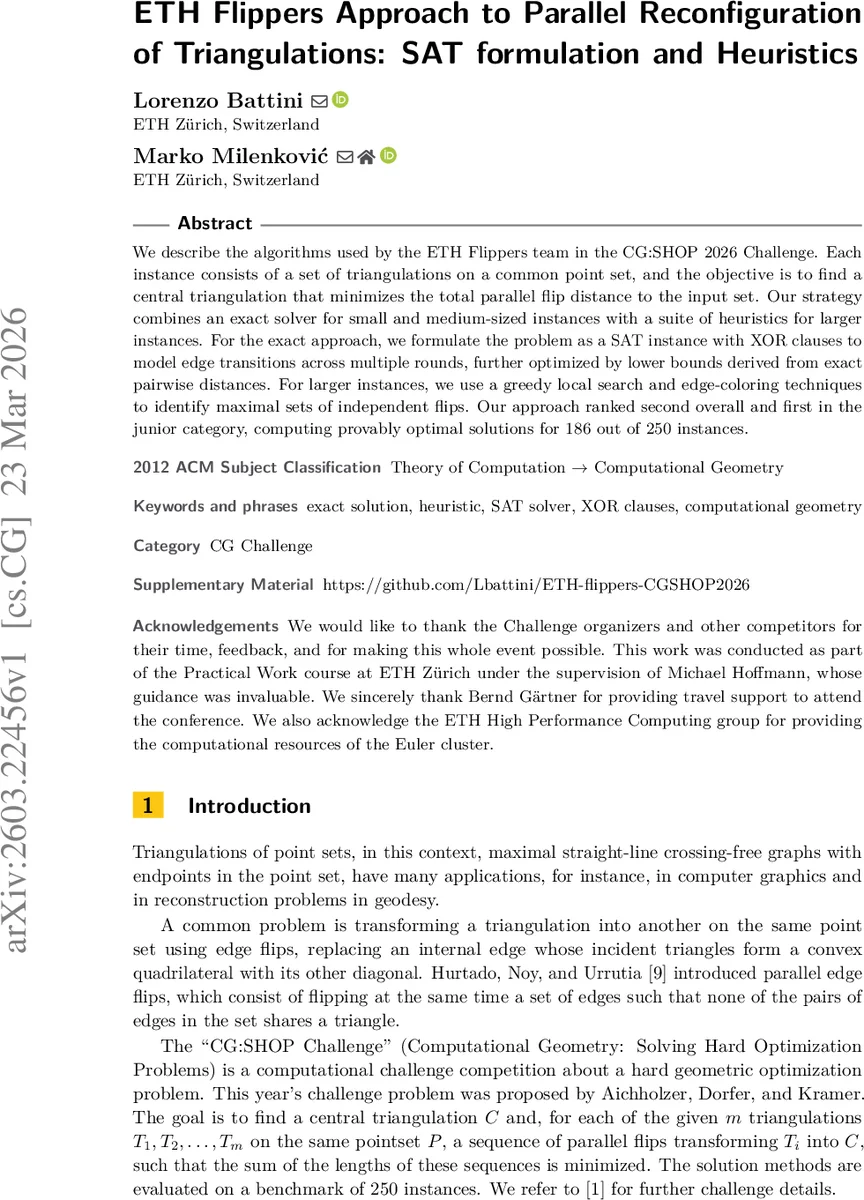 ETH Flippers Approach to Parallel Reconfiguration of Triangulations: SAT formulation and Heuristics