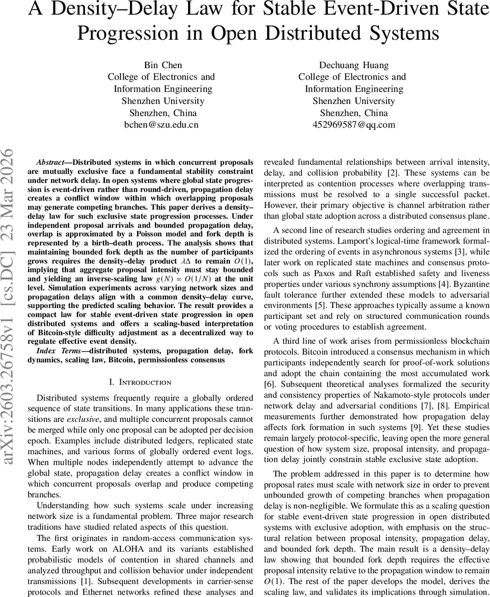 A Density-Delay Law for Stable Event-Driven State Progression in Open Distributed Systems