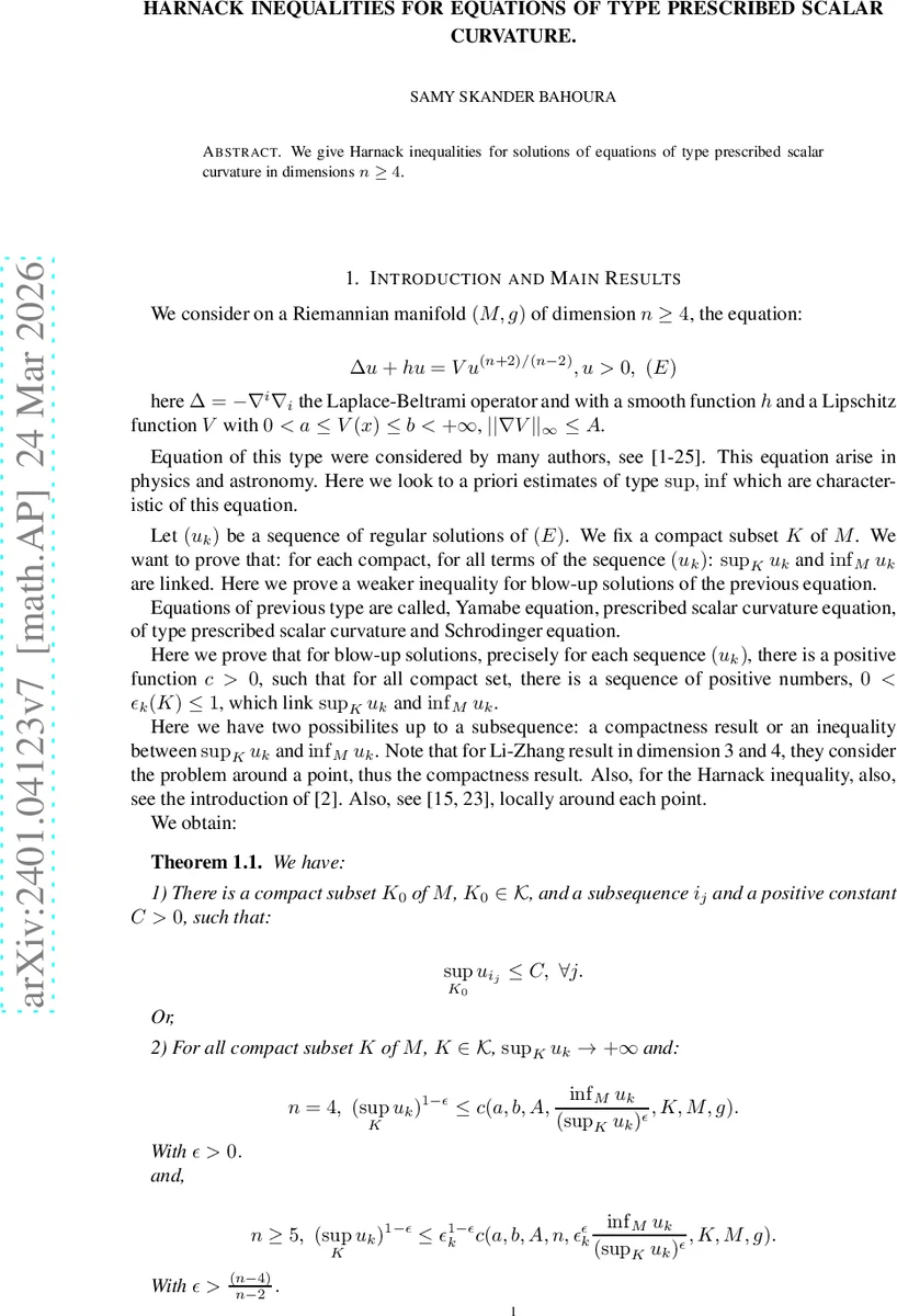 Harnack inequalities for equations of type prescribed scalar curvature