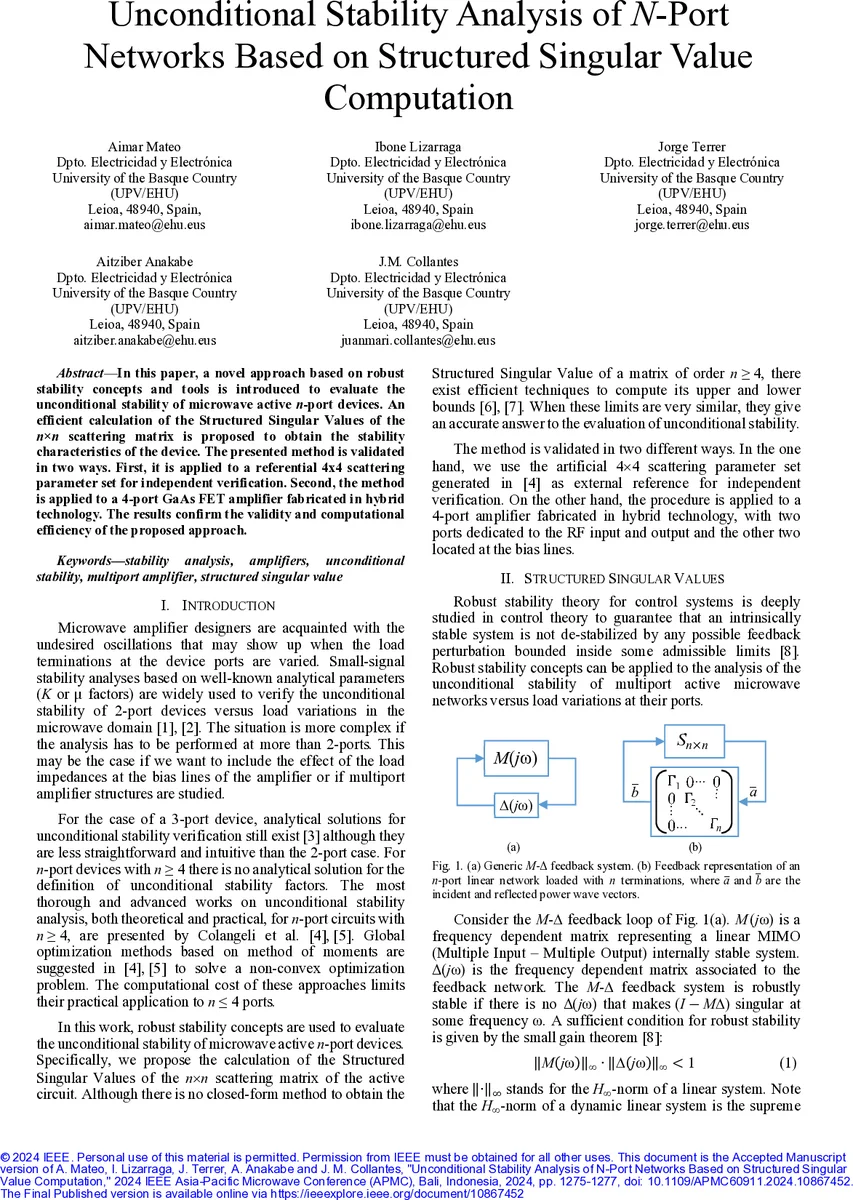 Unconditional Stability Analysis of N-Port Networks Based on Structured Singular Value Computation