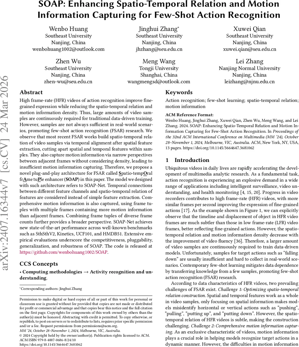 SOAP: Enhancing Spatio-Temporal Relation and Motion Information Capturing for Few-Shot Action Recognition
