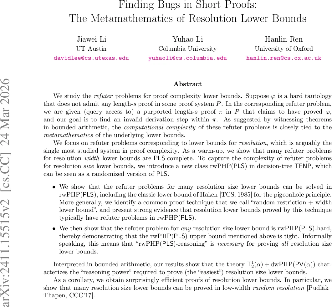 Finding Bugs in Short Proofs: The Metamathematics of Resolution Lower Bounds