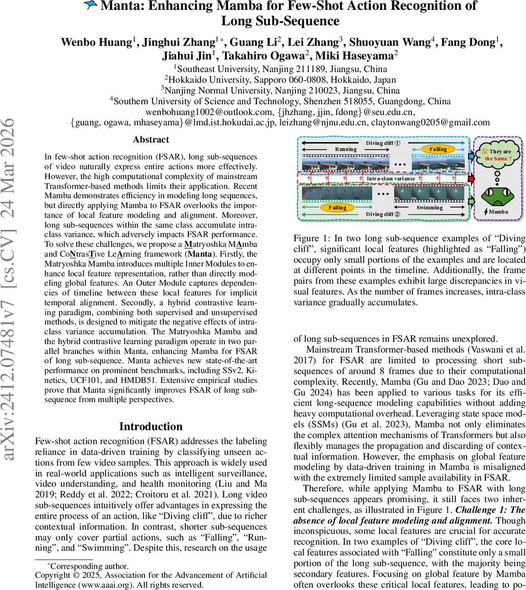 Manta: Enhancing Mamba for Few-Shot Action Recognition of Long Sub-Sequence