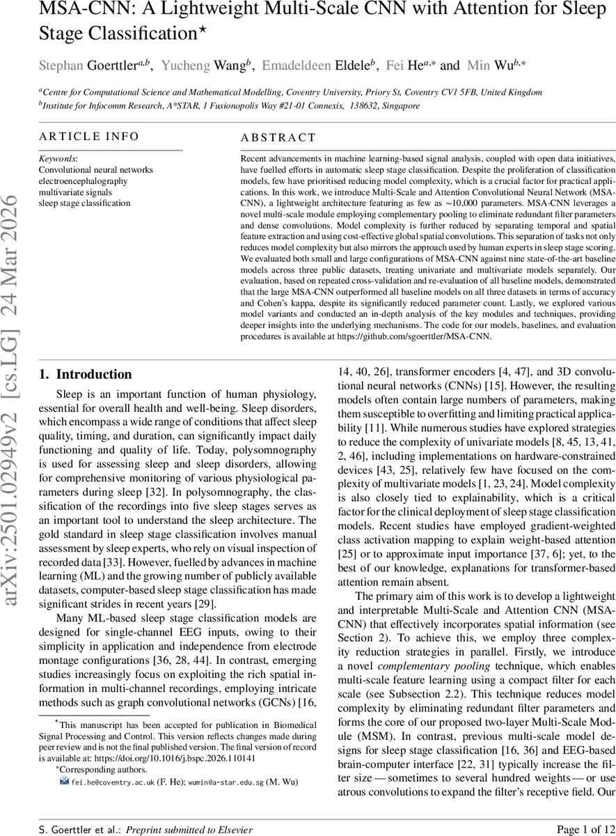 MSA-CNN: A Lightweight Multi-Scale CNN with Attention for Sleep Stage Classification