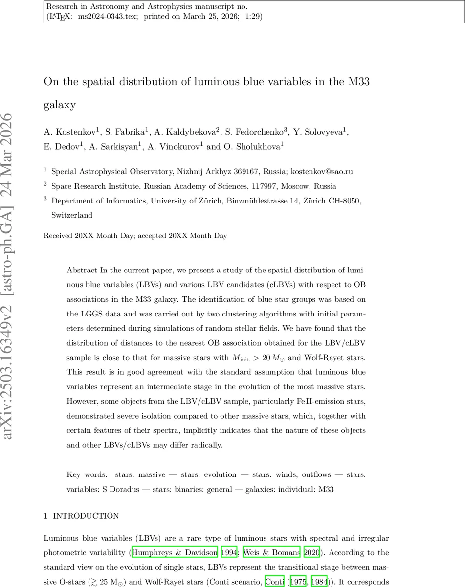 On the spatial distribution of luminous blue variables in the M33 galaxy