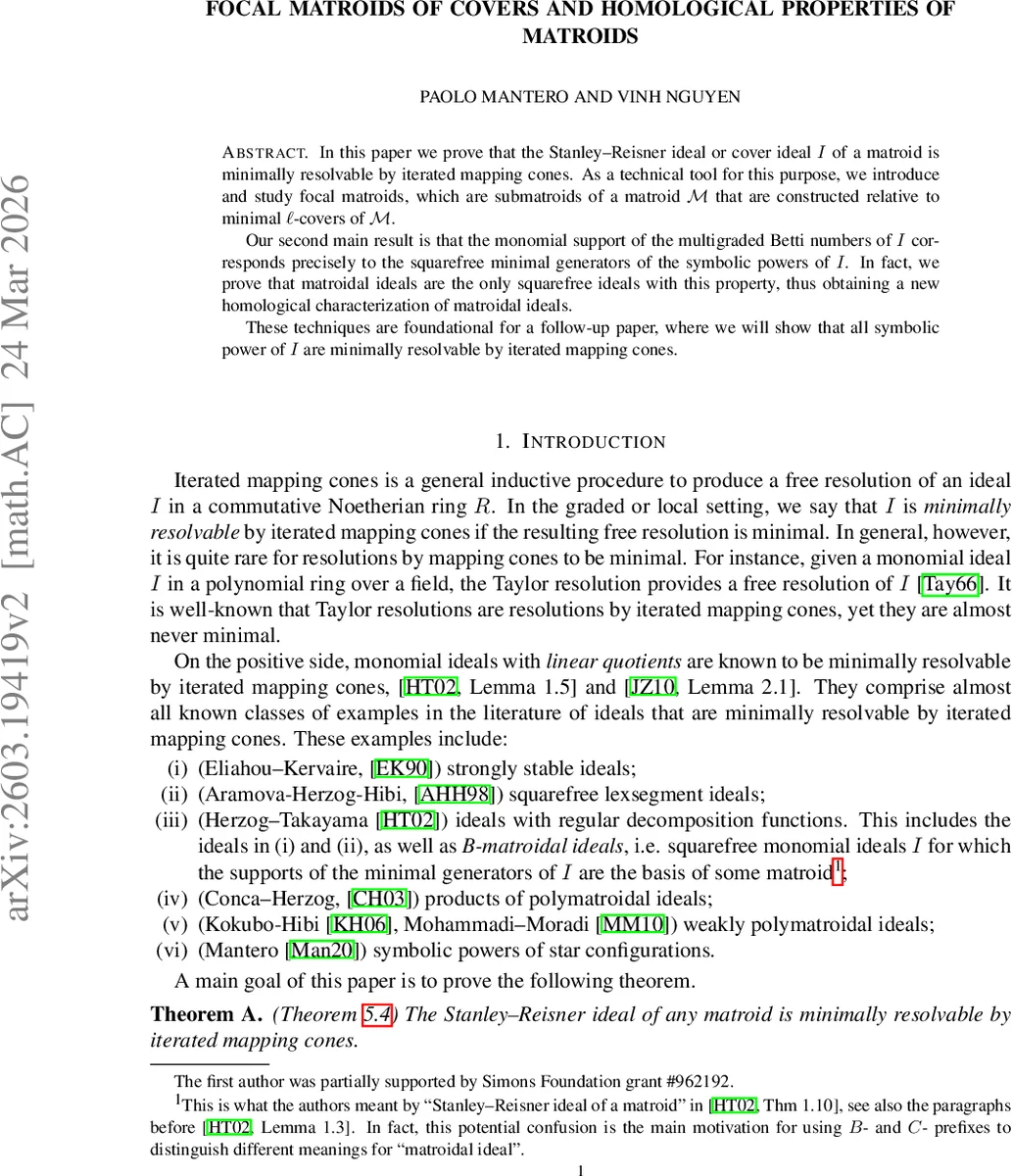 Focal matroids of covers and homological properties of matroids