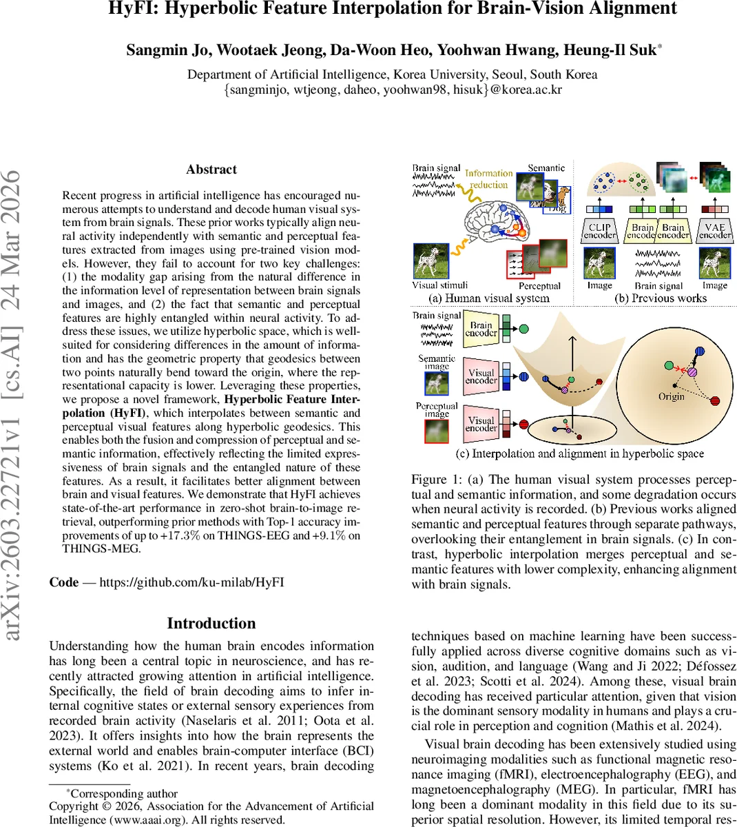 HyFI: Hyperbolic Feature Interpolation for Brain-Vision Alignment