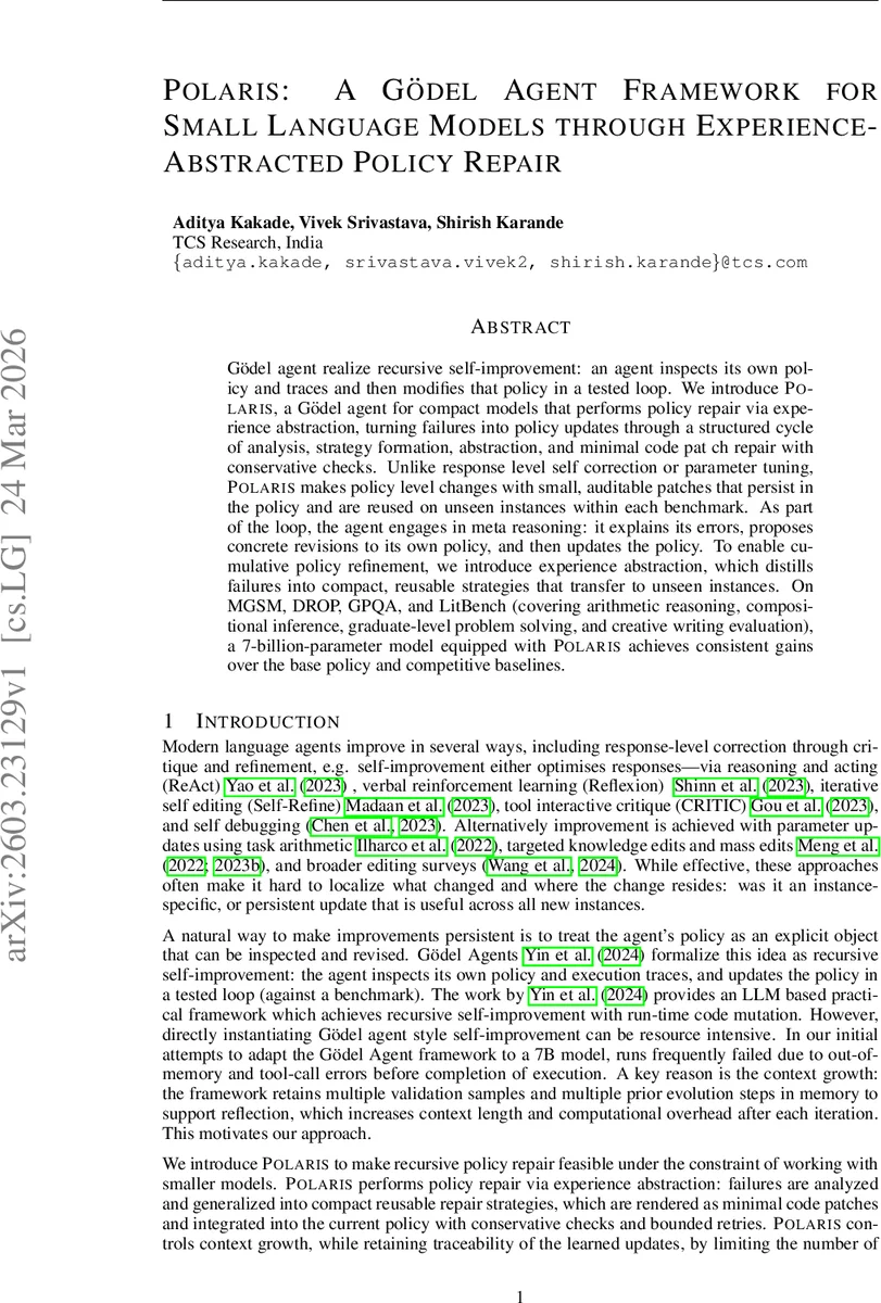 Polaris: A Gödel Agent Framework for Small Language Models through Experience-Abstracted Policy Repair