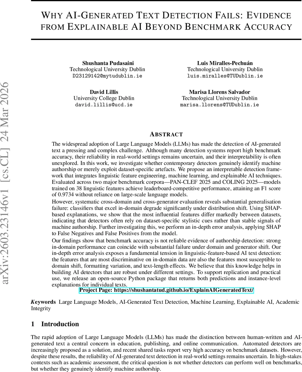 Why AI-Generated Text Detection Fails: Evidence from Explainable AI Beyond Benchmark Accuracy