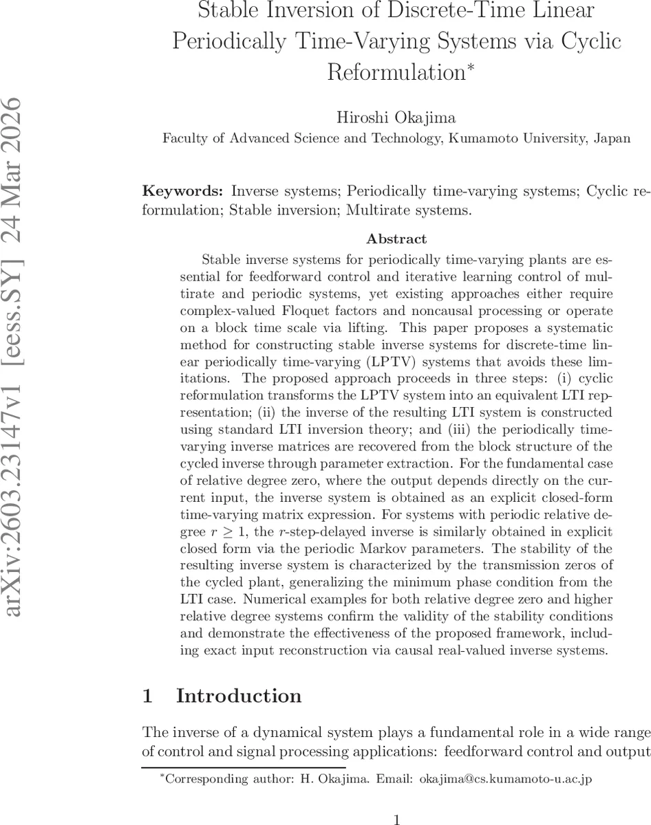 Stable Inversion of Discrete-Time Linear Periodically Time-Varying Systems via Cyclic Reformulation