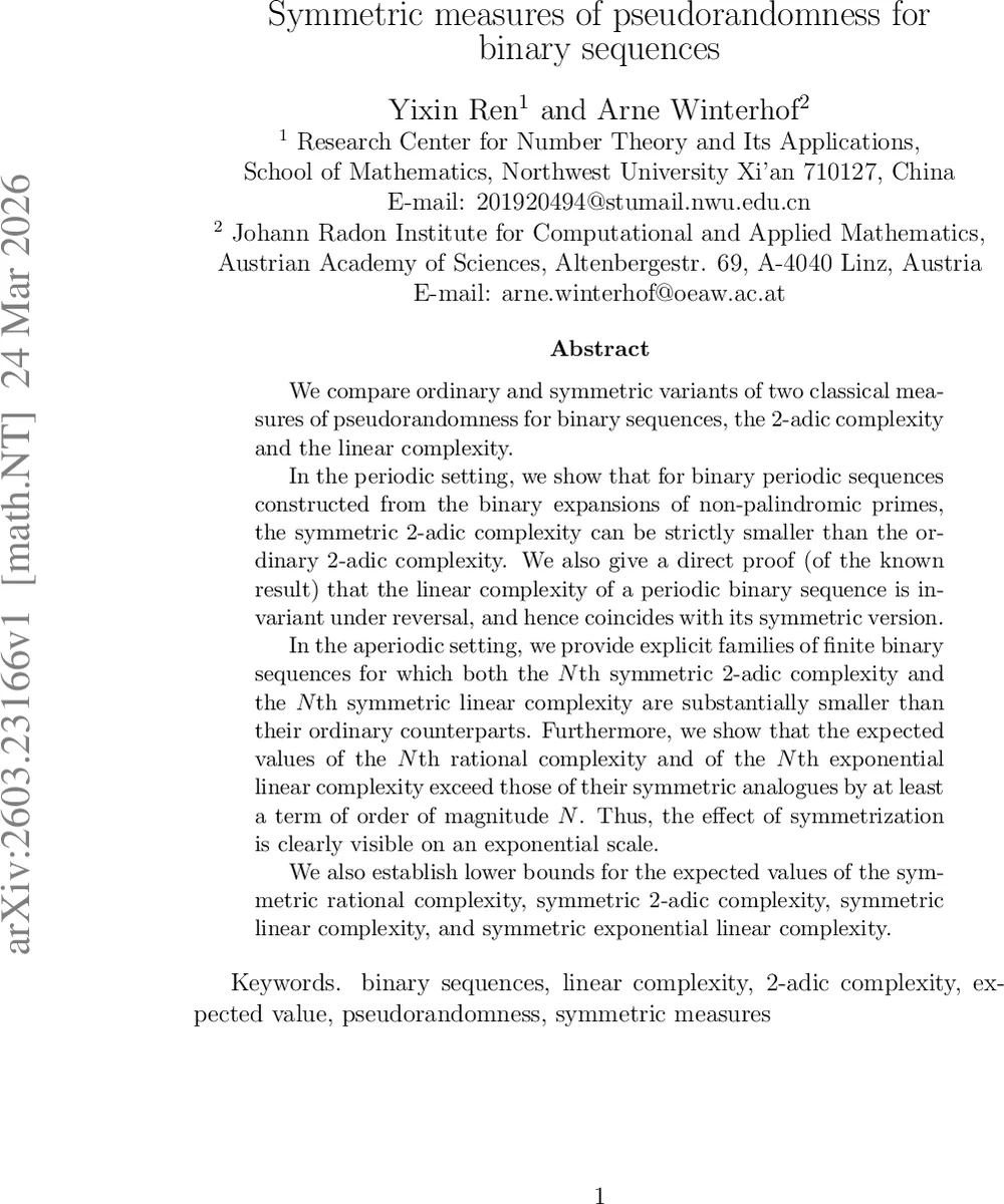 Symmetric measures of pseudorandomness for binary sequences