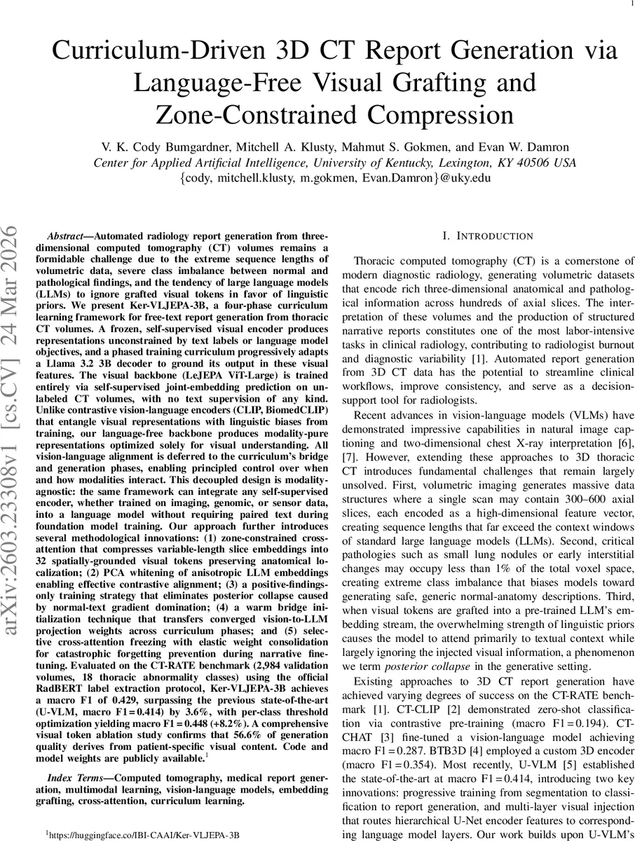 Curriculum-Driven 3D CT Report Generation via Language-Free Visual Grafting and Zone-Constrained Compression