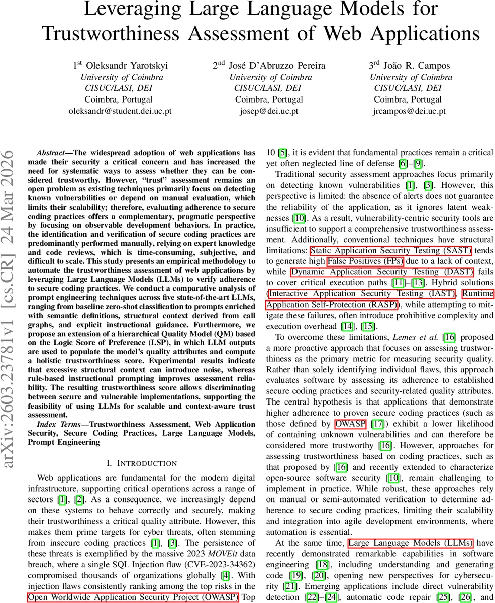 Leveraging Large Language Models for Trustworthiness Assessment of Web Applications