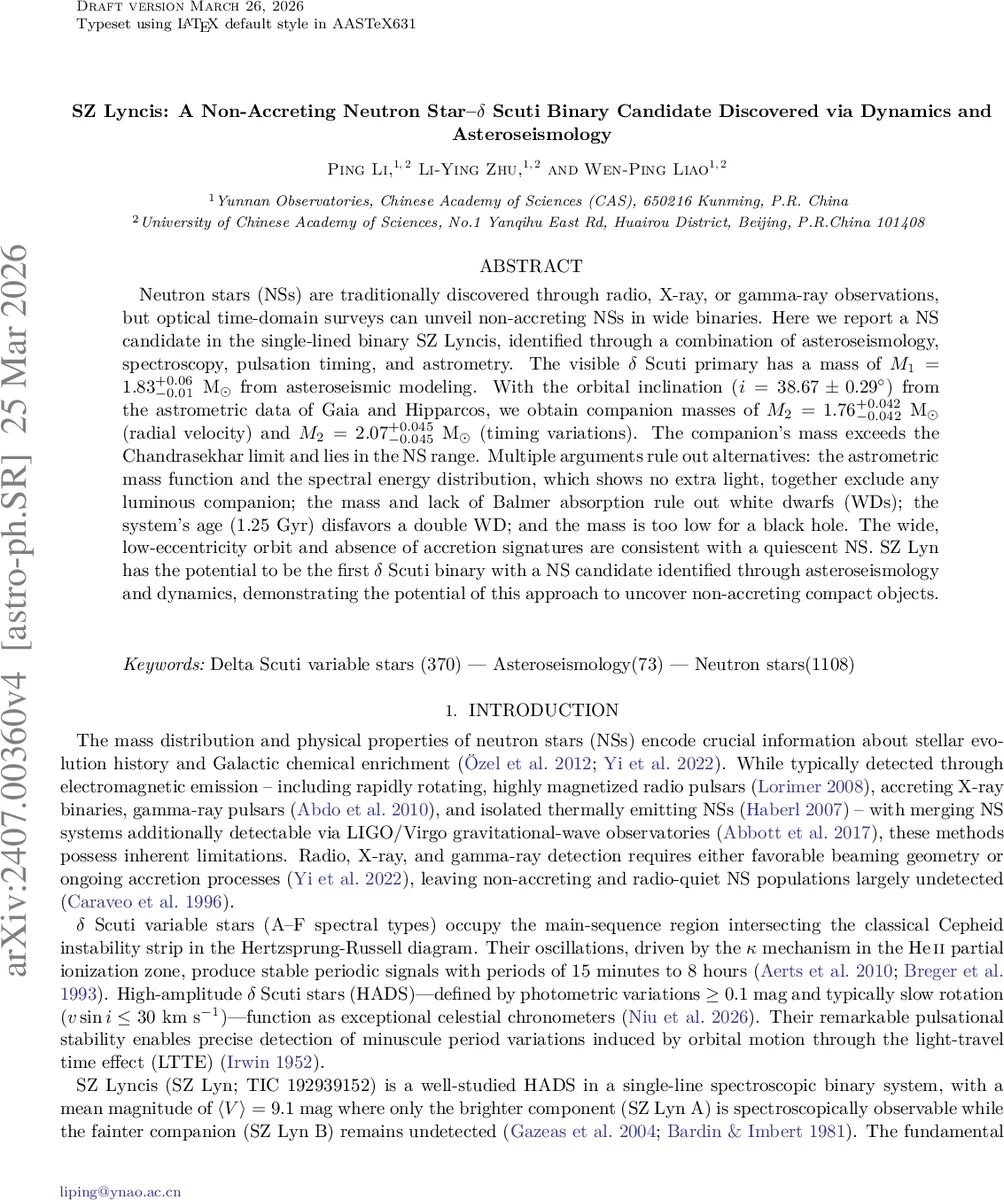 SZ Lyncis: A Non-Accreting Neutron Star-delta Scuti Binary Candidate Discovered via Dynamics and Asteroseismology