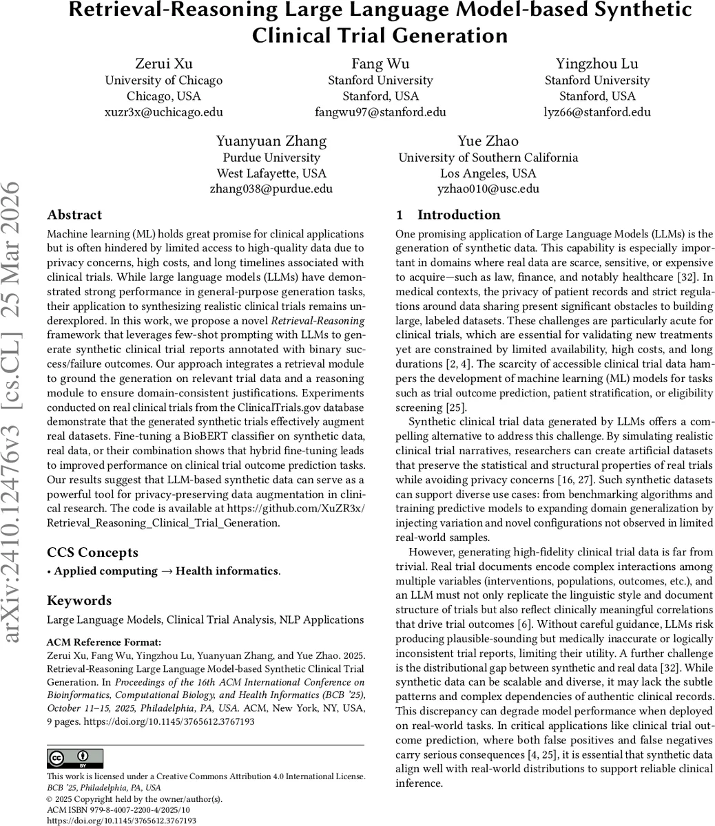 Retrieval-Reasoning Large Language Model-based Synthetic Clinical Trial Generation