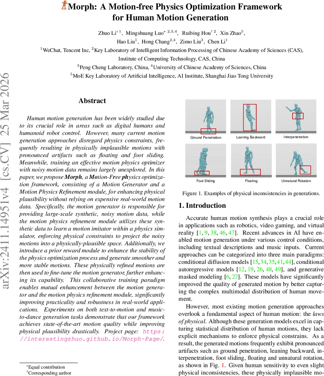 Morph: A Motion-free Physics Optimization Framework for Human Motion Generation