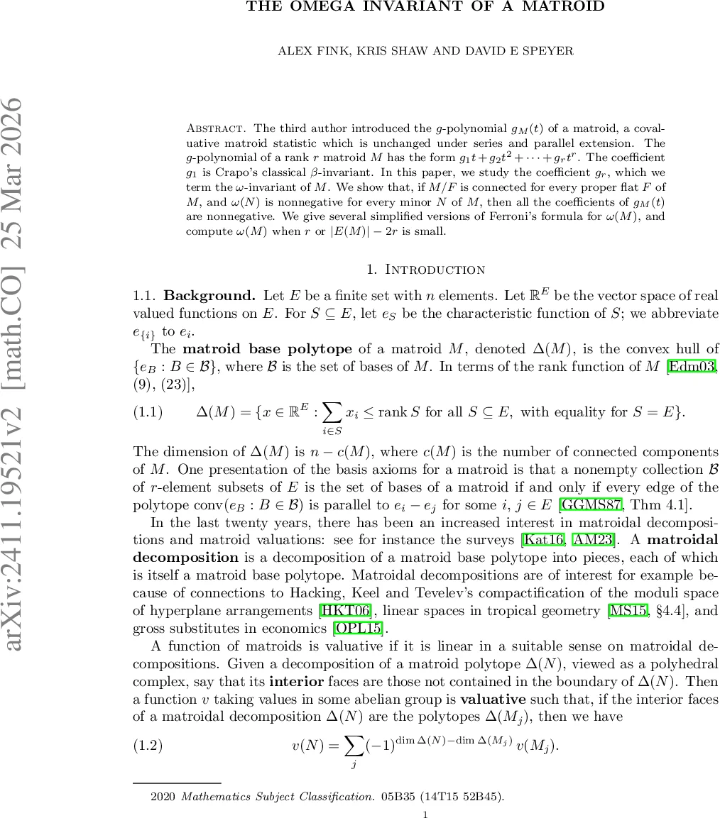 The omega invariant of a matroid