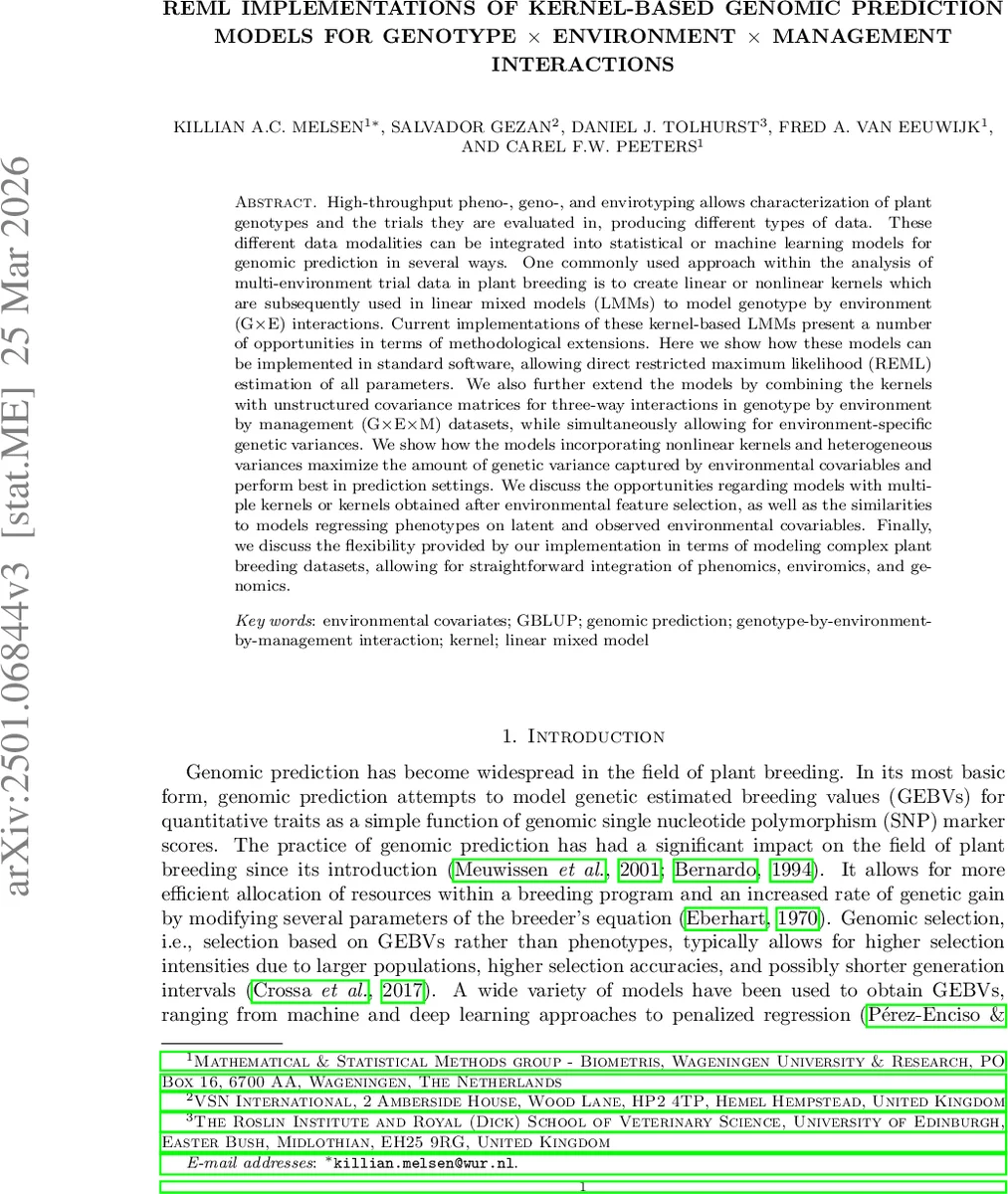 REML implementations of kernel-based genomic prediction models for genotype x environment x management interactions