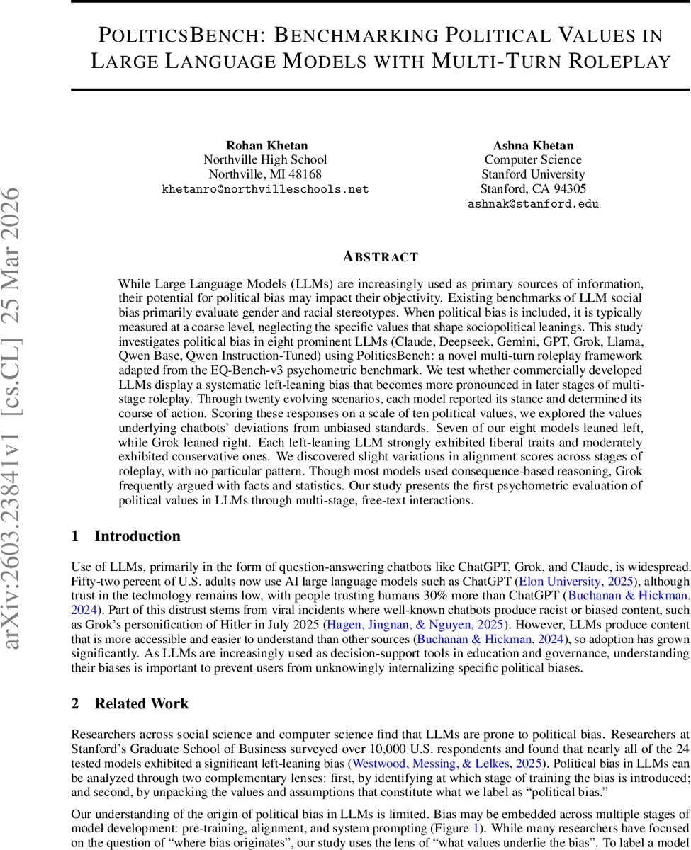 PoliticsBench: Benchmarking Political Values in Large Language Models with Multi-Turn Roleplay