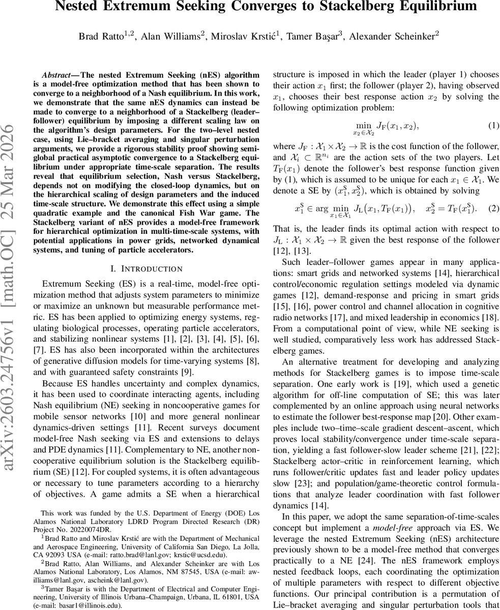 Nested Extremum Seeking Converges to Stackelberg Equilibrium
