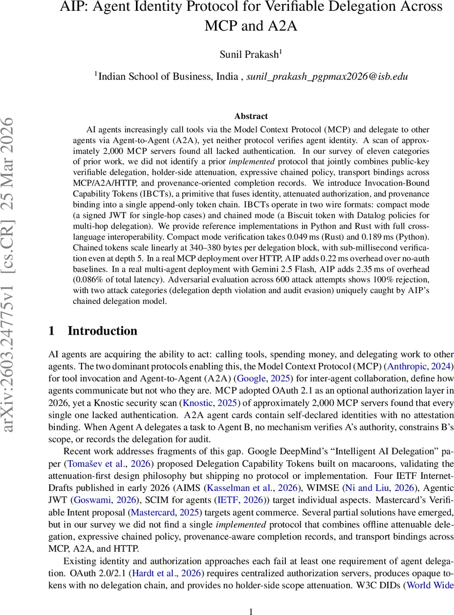 AIP: Agent Identity Protocol for Verifiable Delegation Across MCP and A2A