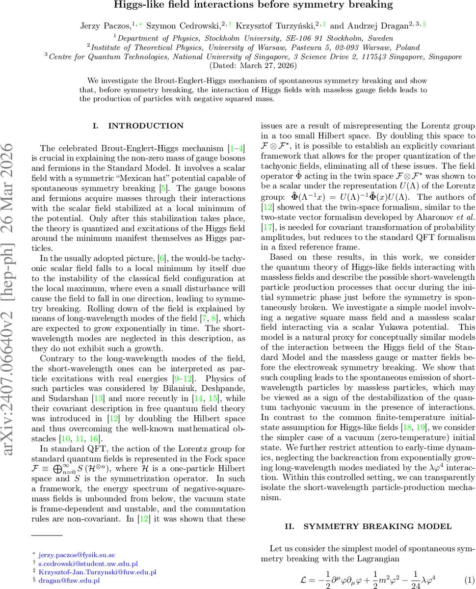 Higgs-like field interactions before symmetry breaking