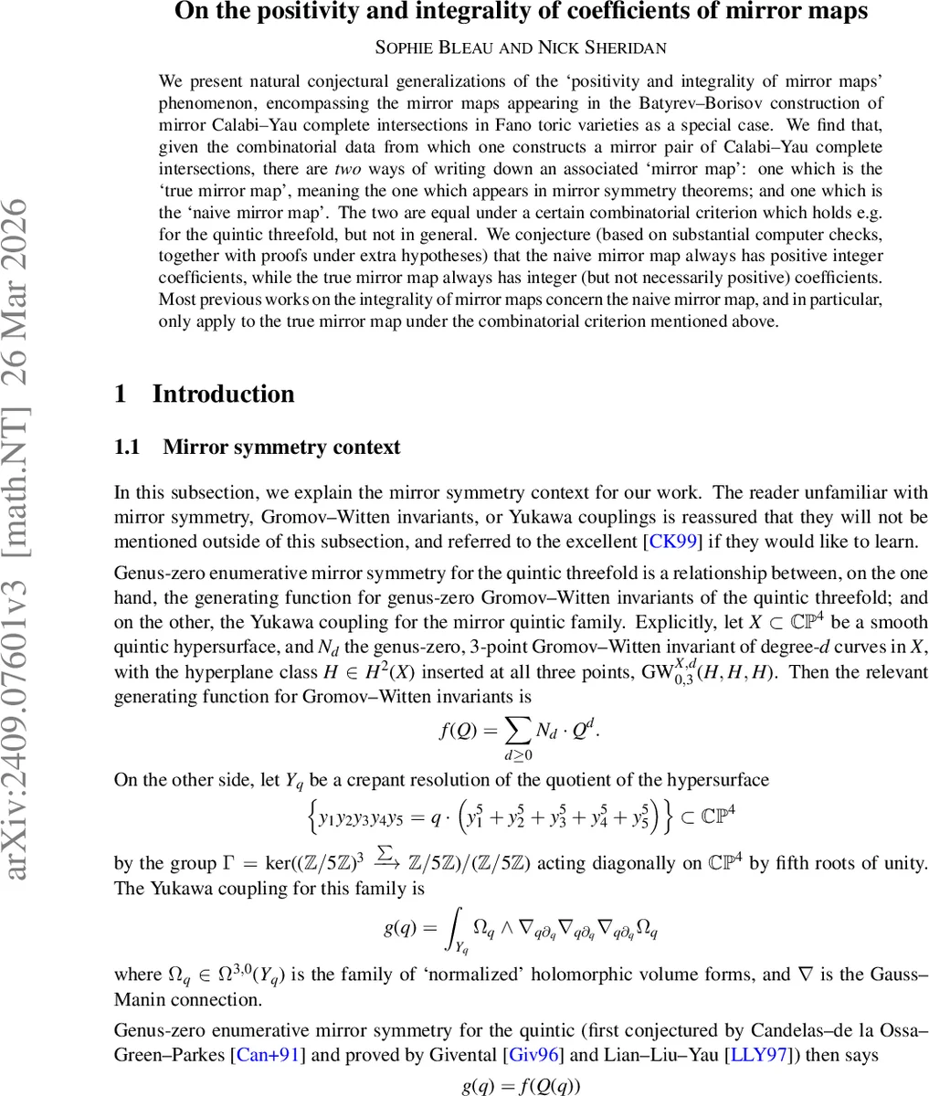 On the positivity and integrality of coefficients of mirror maps