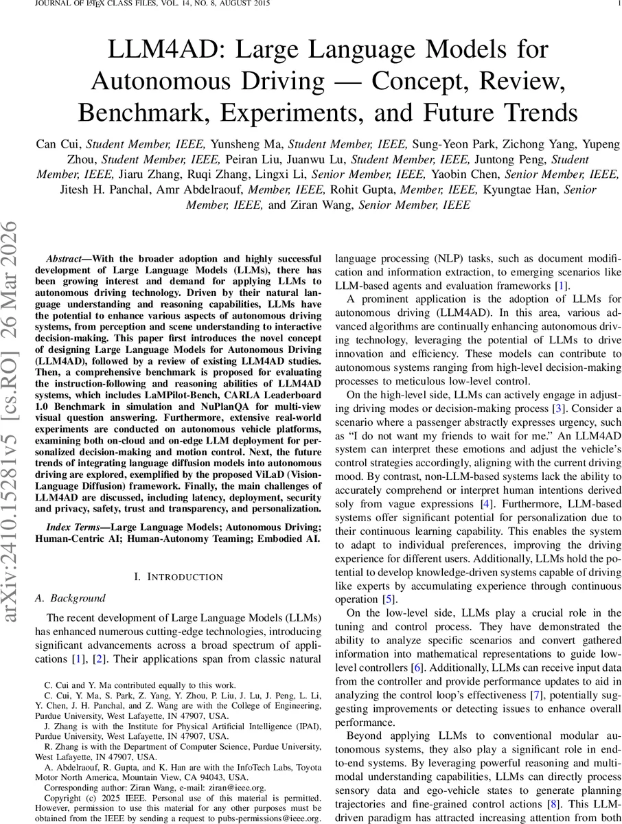 LLM4AD: Large Language Models for Autonomous Driving -- Concept, Review, Benchmark, Experiments, and Future Trends