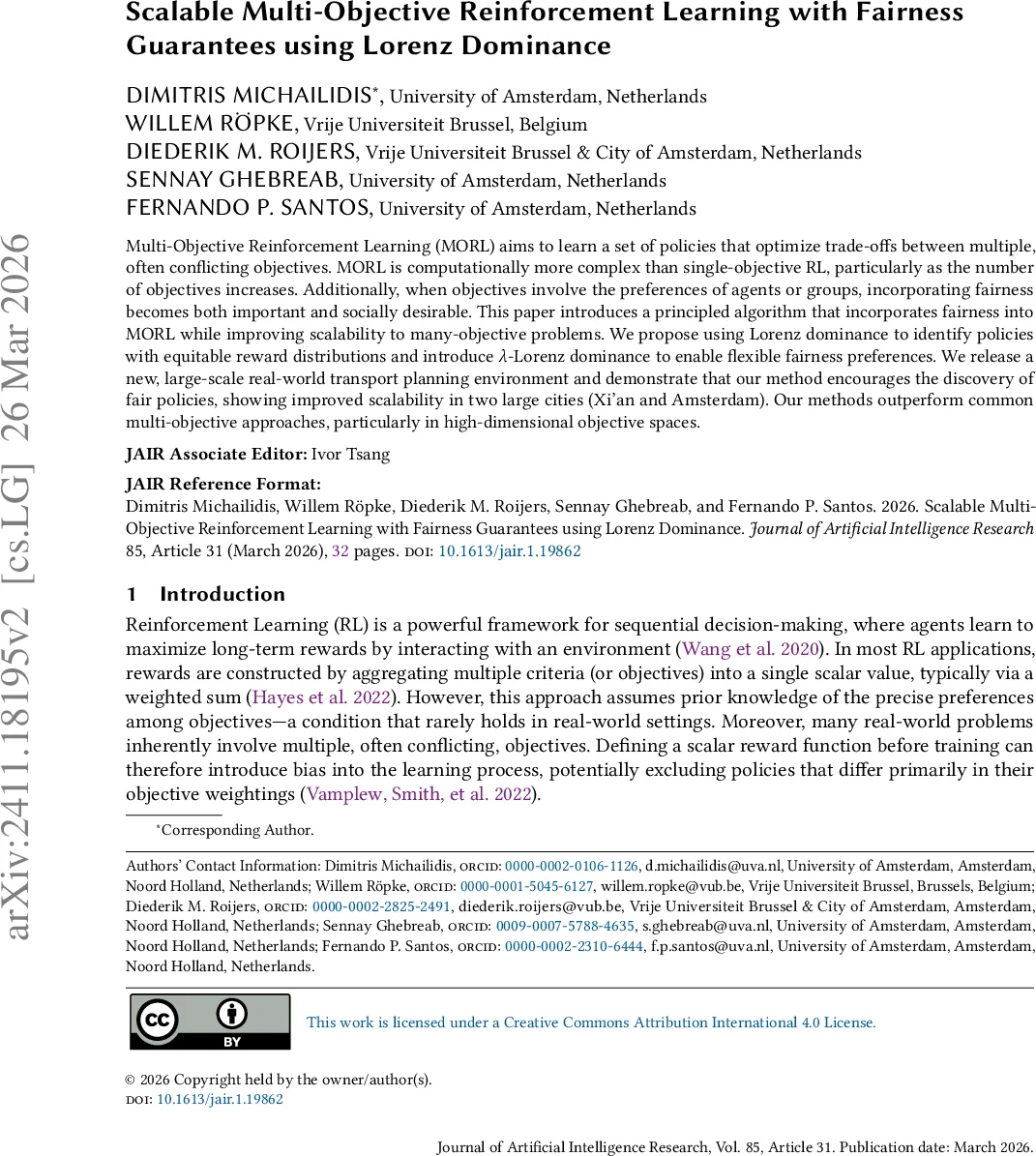 Scalable Multi-Objective Reinforcement Learning with Fairness Guarantees using Lorenz Dominance