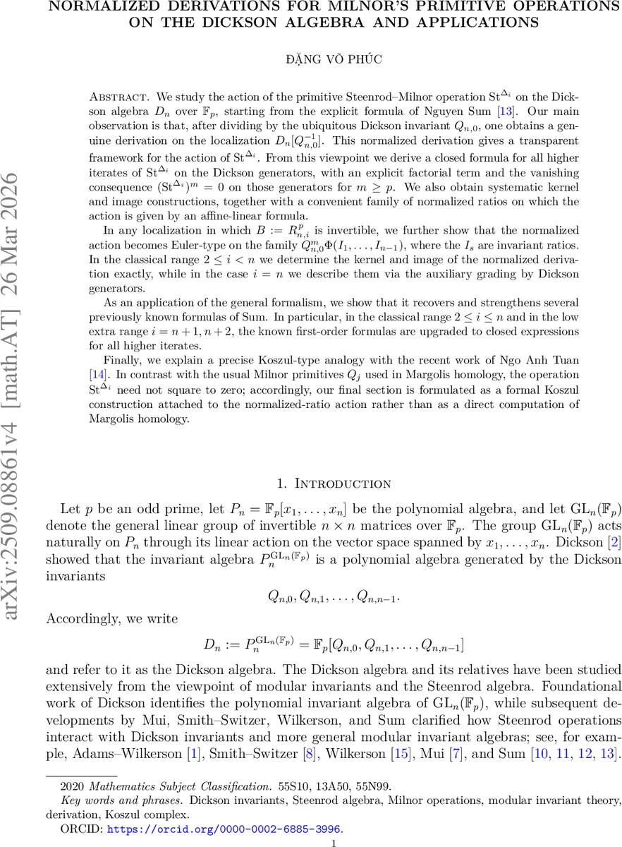 Normalized Derivations for Milnor's Primitive Operations on the Dickson Algebra and Applications