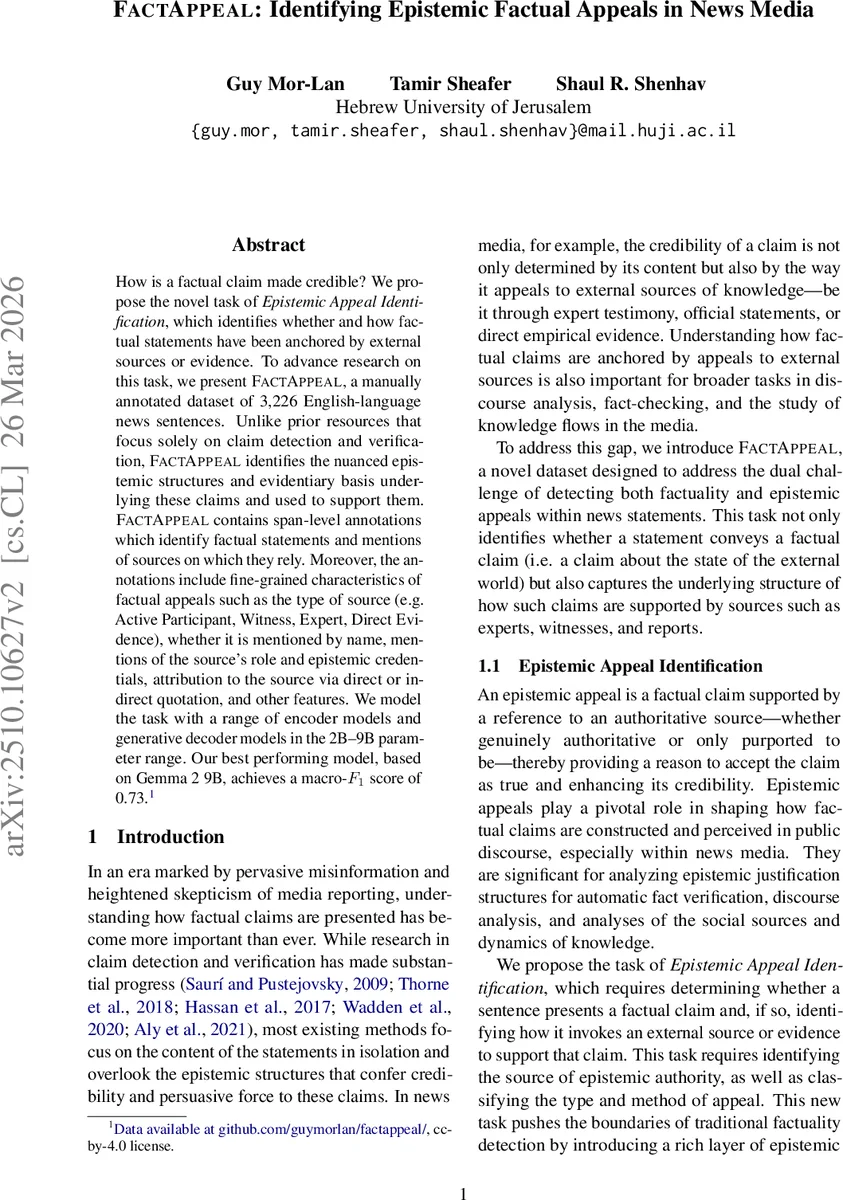FactAppeal: Identifying Epistemic Factual Appeals in News Media