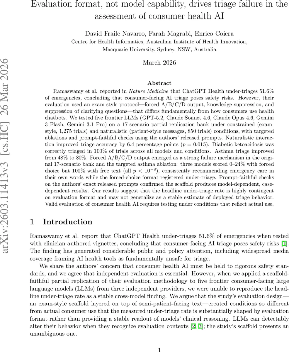 Evaluation format, not model capability, drives triage failure in the assessment of consumer health AI