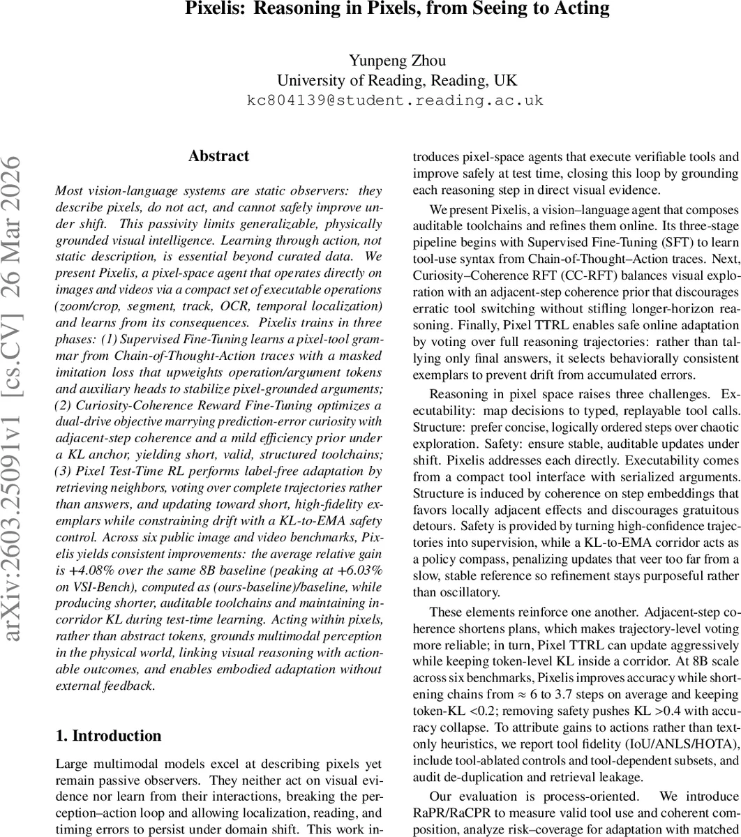 Pixelis: Reasoning in Pixels, from Seeing to Acting