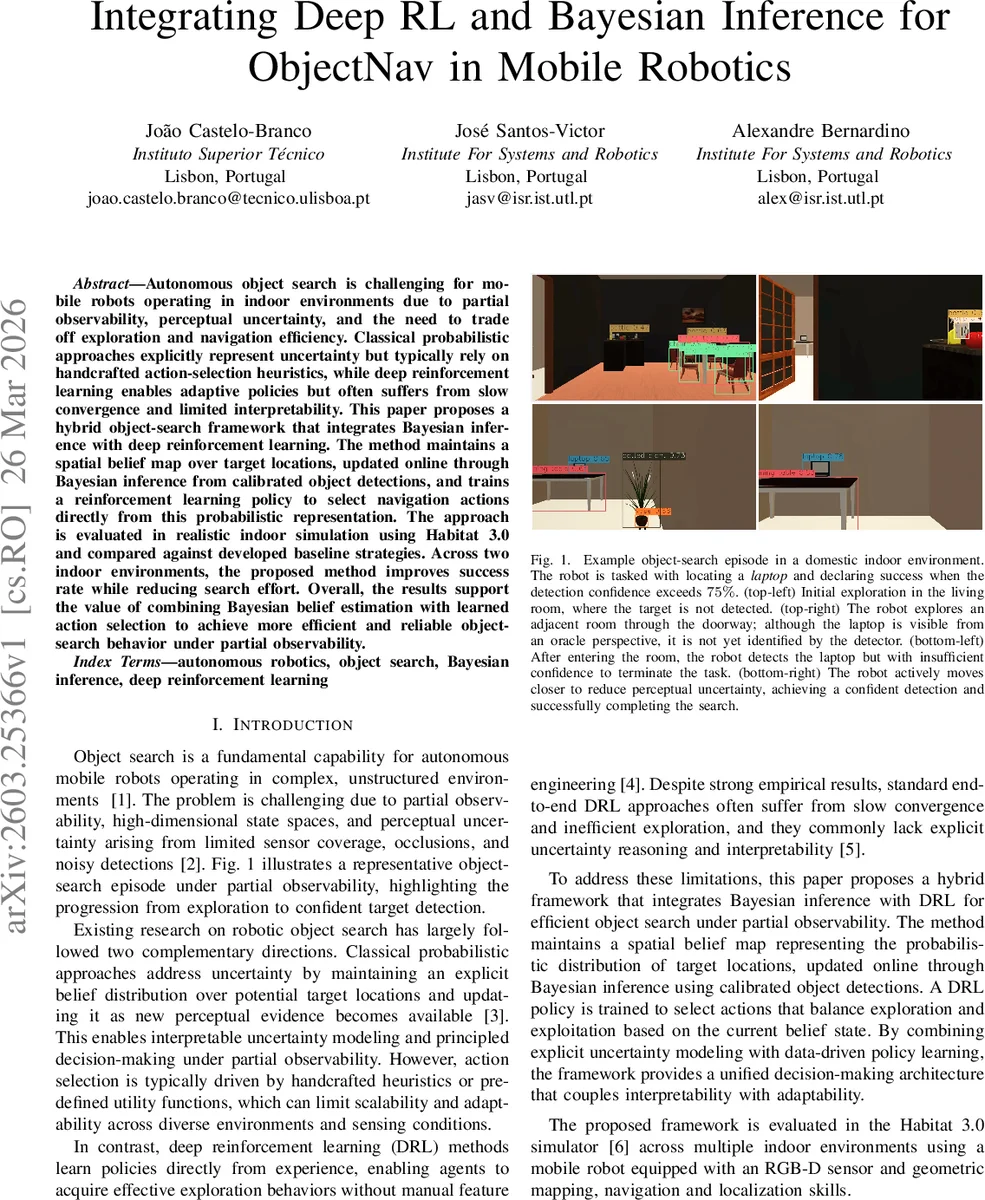 Integrating Deep RL and Bayesian Inference for ObjectNav in Mobile Robotics