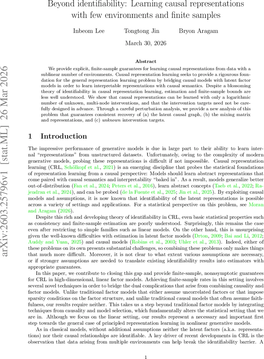 Beyond identifiability: Learning causal representations with few environments and finite samples