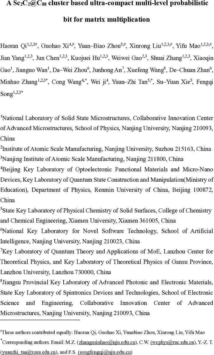 A Sc2C2@C88 cluster based ultra-compact multi-level probabilistic bit for matrix multiplication