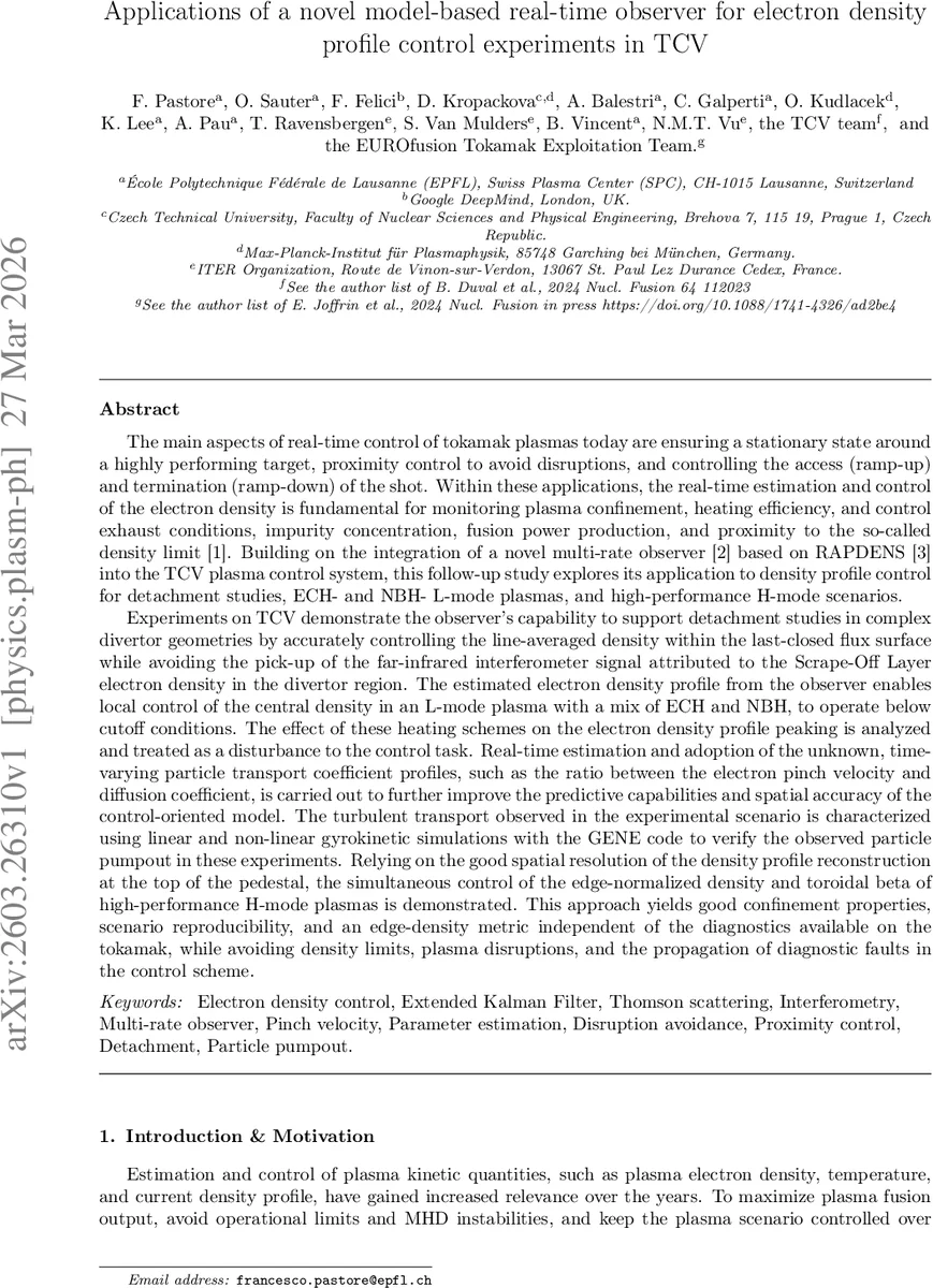 Applications of a novel model-based real-time observer for electron density profile control experiments in TCV