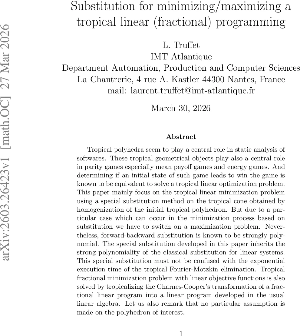Substitution for minimizing/maximizing a tropical linear (fractional) programming