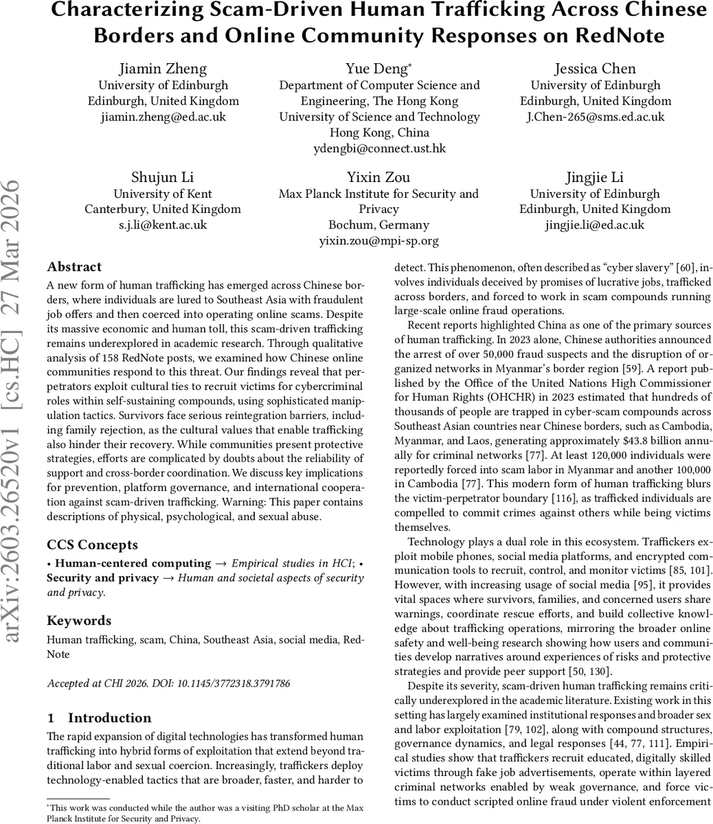 Characterizing Scam-Driven Human Trafficking Across Chinese Borders and Online Community Responses on RedNote