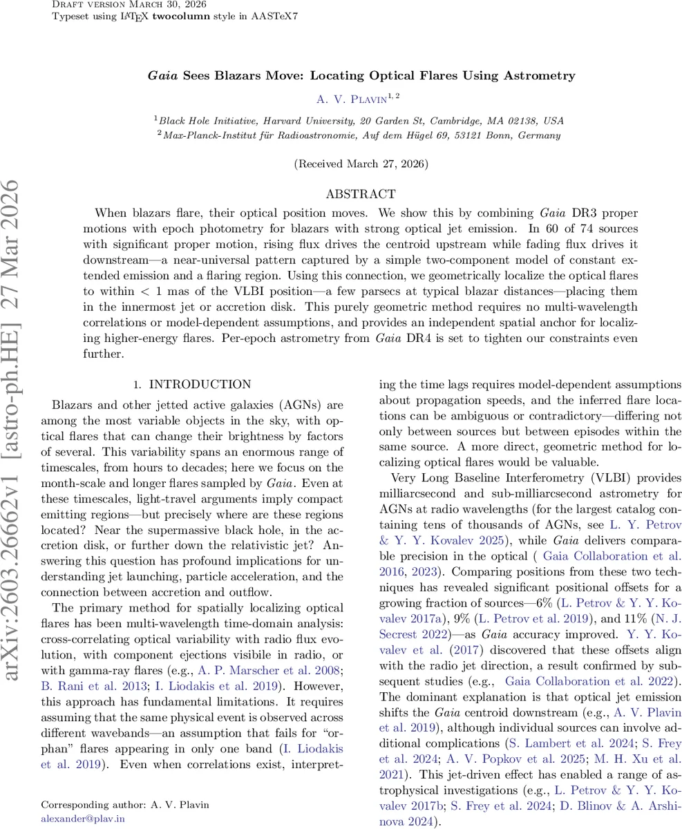 Gaia Sees Blazars Move: Locating Optical Flares Using Astrometry